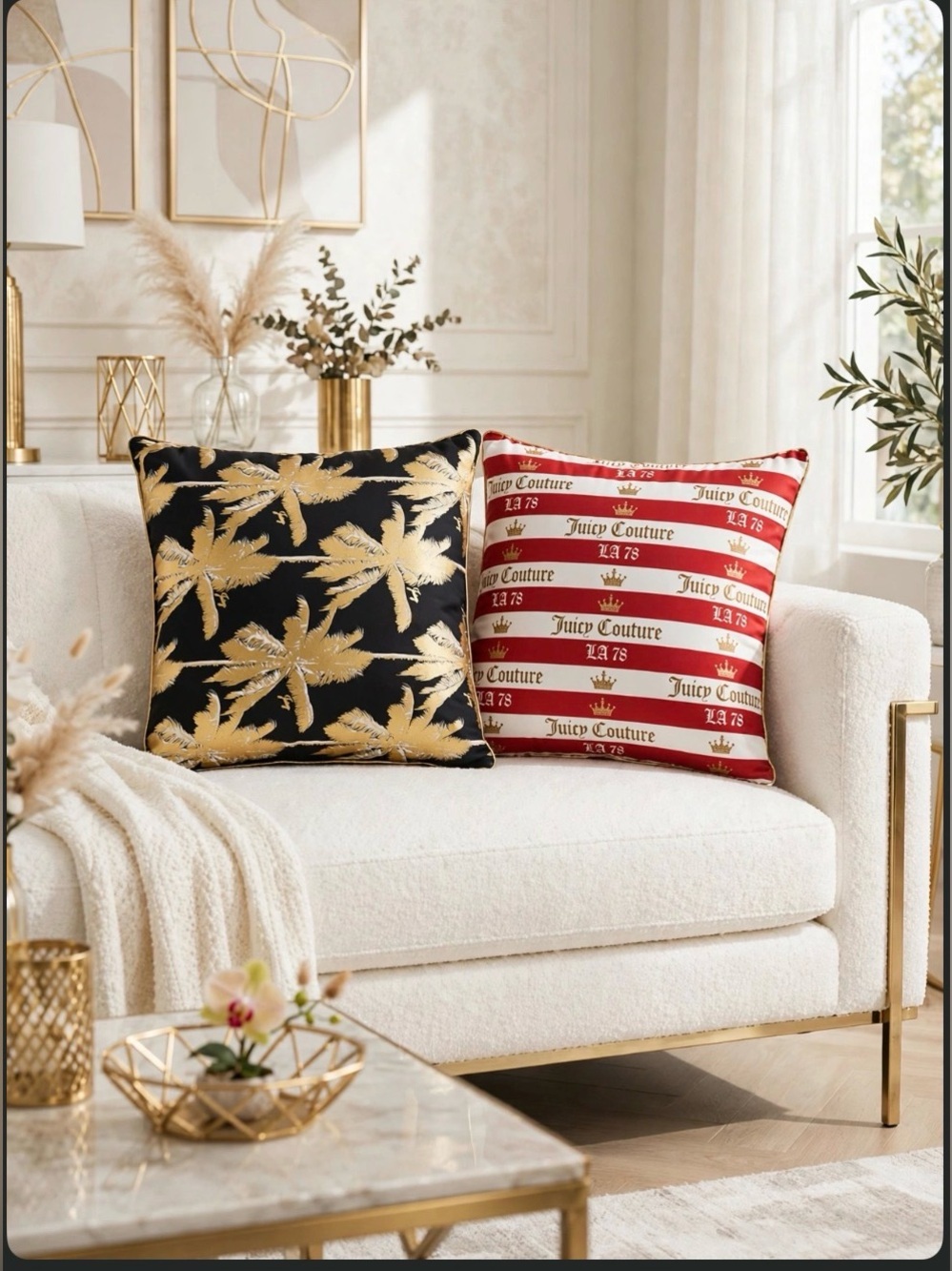 NewSet of 2 Juicy Couture Reversible Accent Pillows Gold Palm Trees & Red Stripe